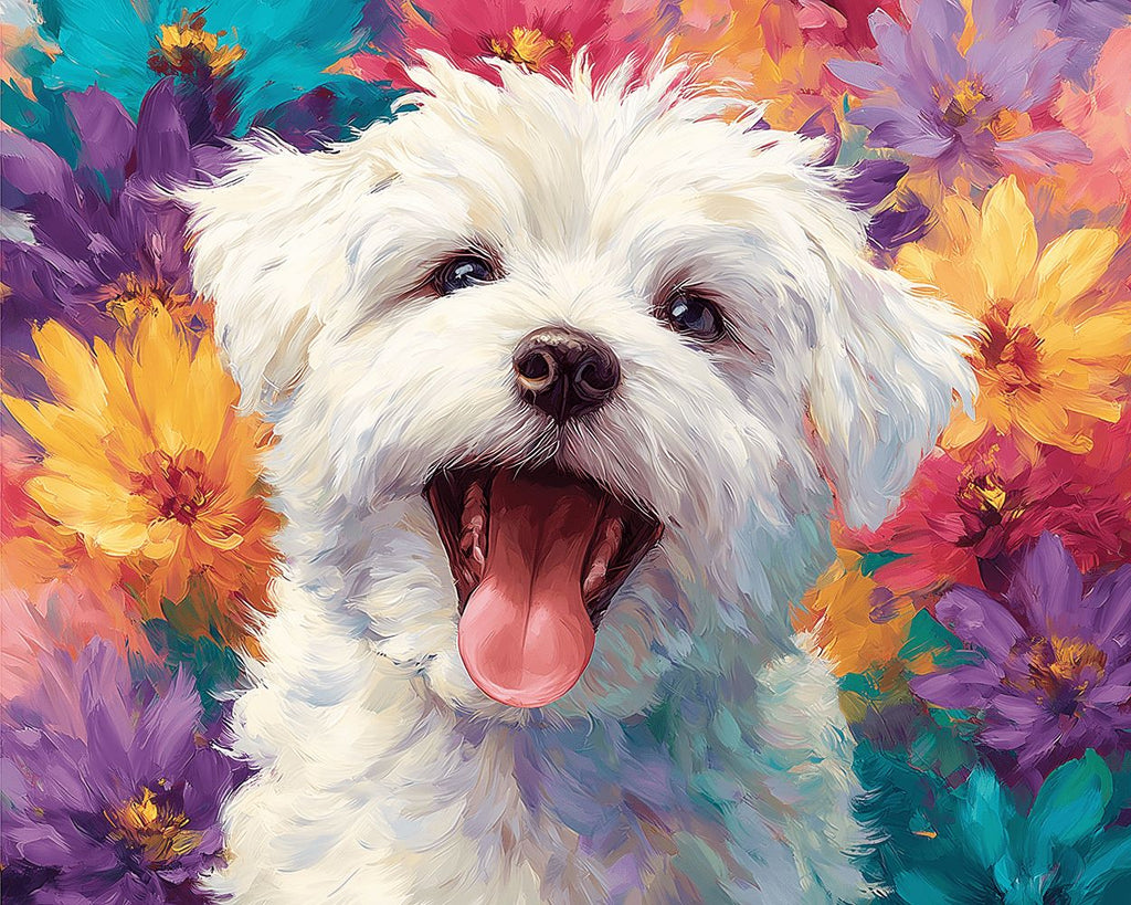 Witte Bichon Frisé tussen Kleurrijke Chrysanten Schilderen op Nummers