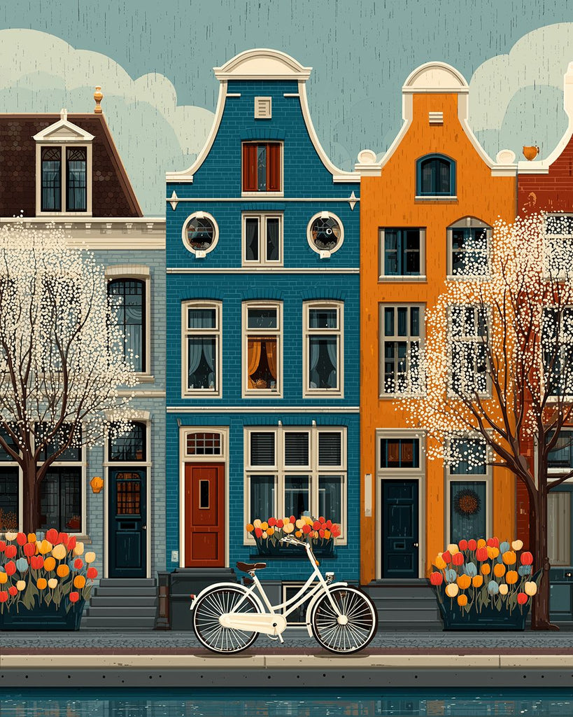 Witte Boom en Fiets voor Kleurrijk Gebouw Schilderen op Nummers