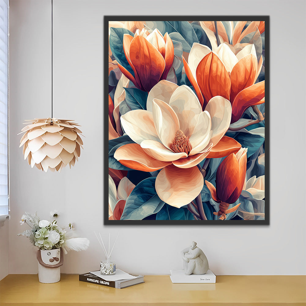 Witte en Oranje Magnoliabloemen Schilderen op Nummers