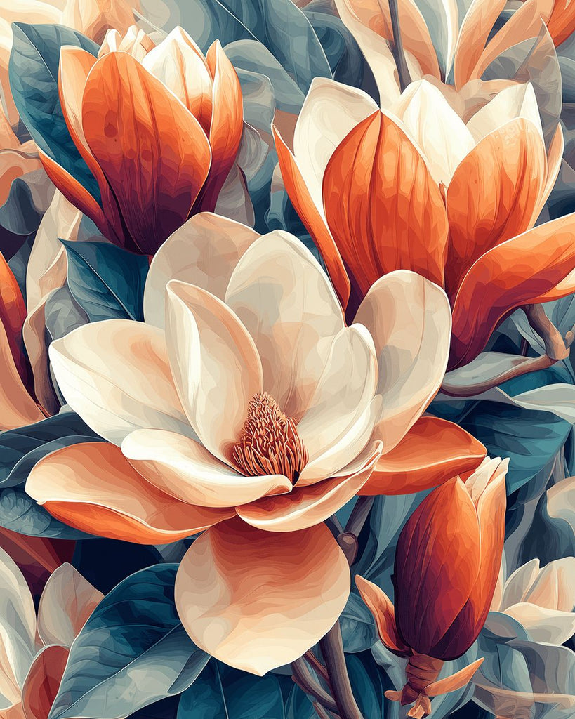 Witte en Oranje Magnoliabloemen Schilderen op Nummers