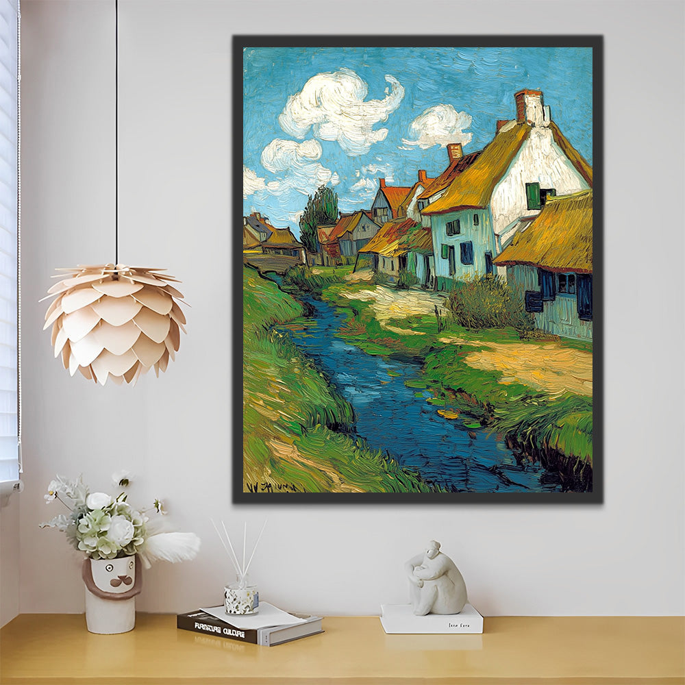 Witte Huizen en Rivier op het Platteland Schilderen op Nummers