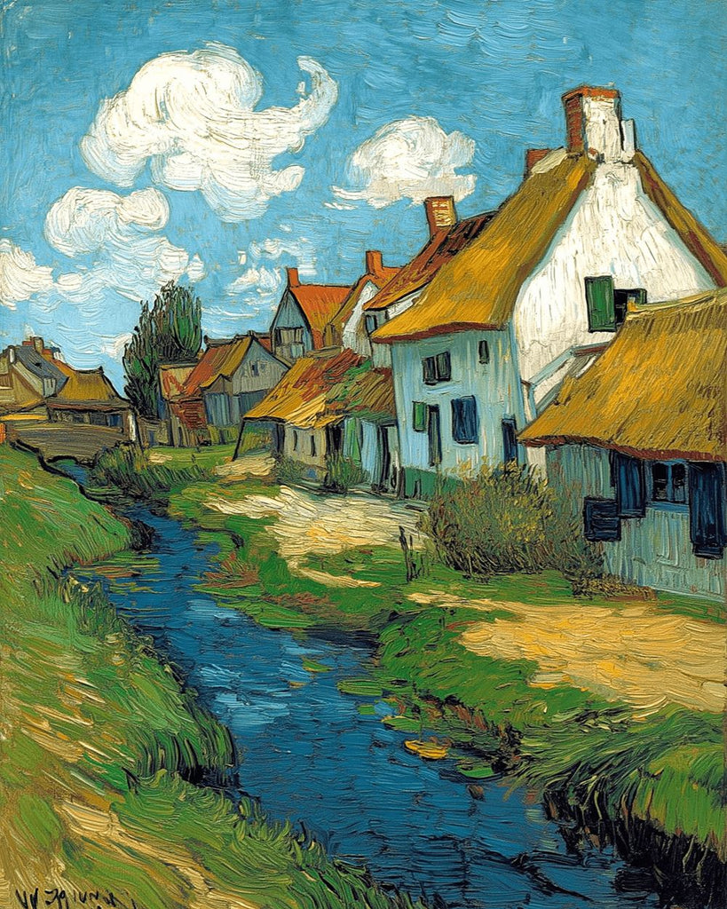 Witte Huizen en Rivier op het Platteland Schilderen op Nummers