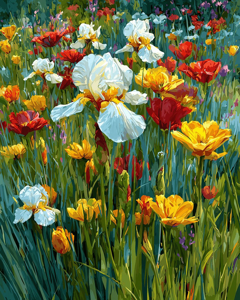 Witte Irissen tussen Kleurrijke Wilde Bloemen Schilderen op Nummers
