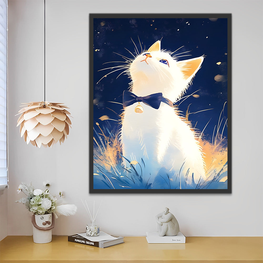 Witte Kat Kijkt naar de Sterren Schilderen op Nummers