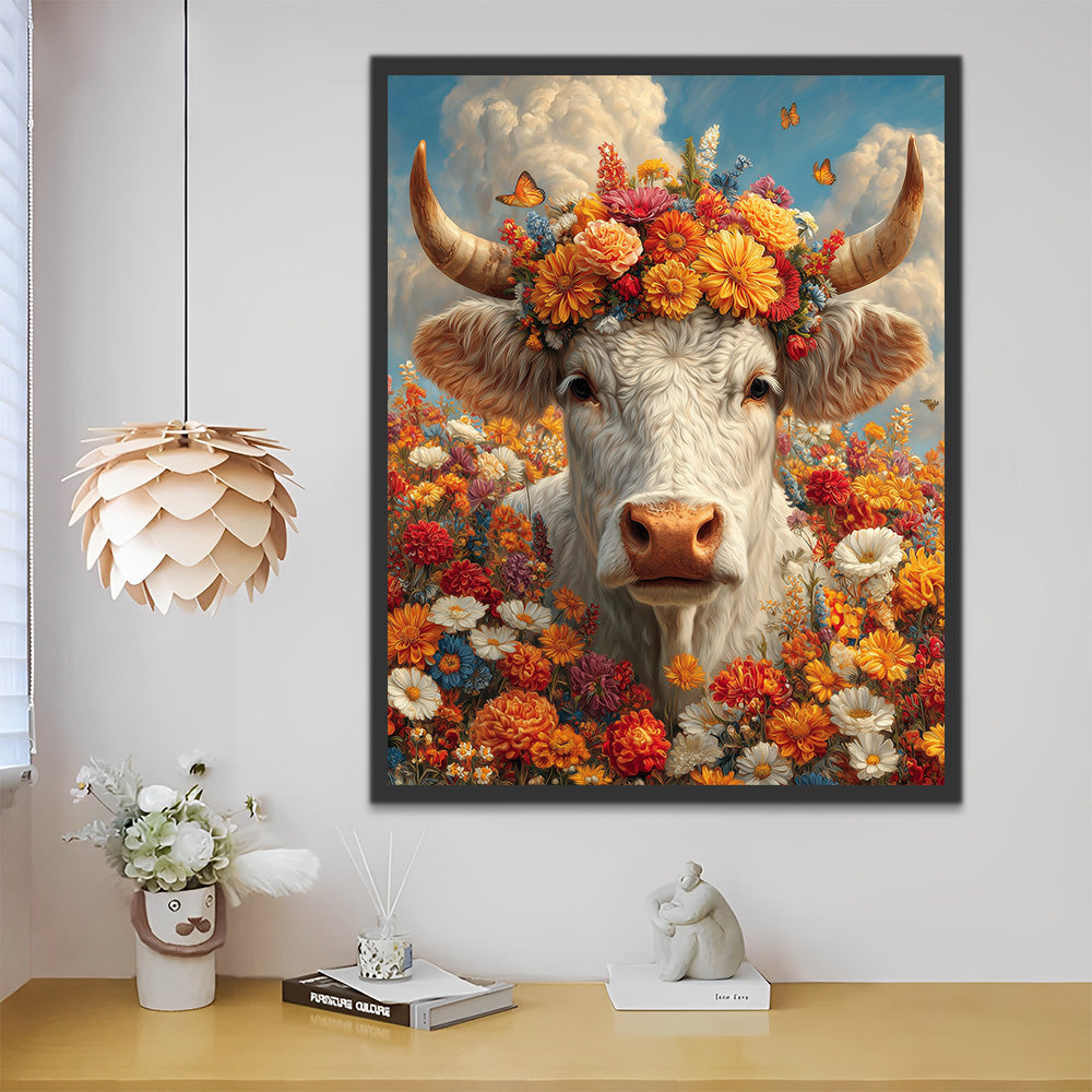 Witte Koe tussen Oranje Chrysanten Schilderen op Nummers