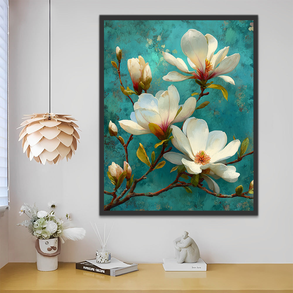 Witte Magnoliabloemen op Groene Achtergrond Schilderen op Nummers