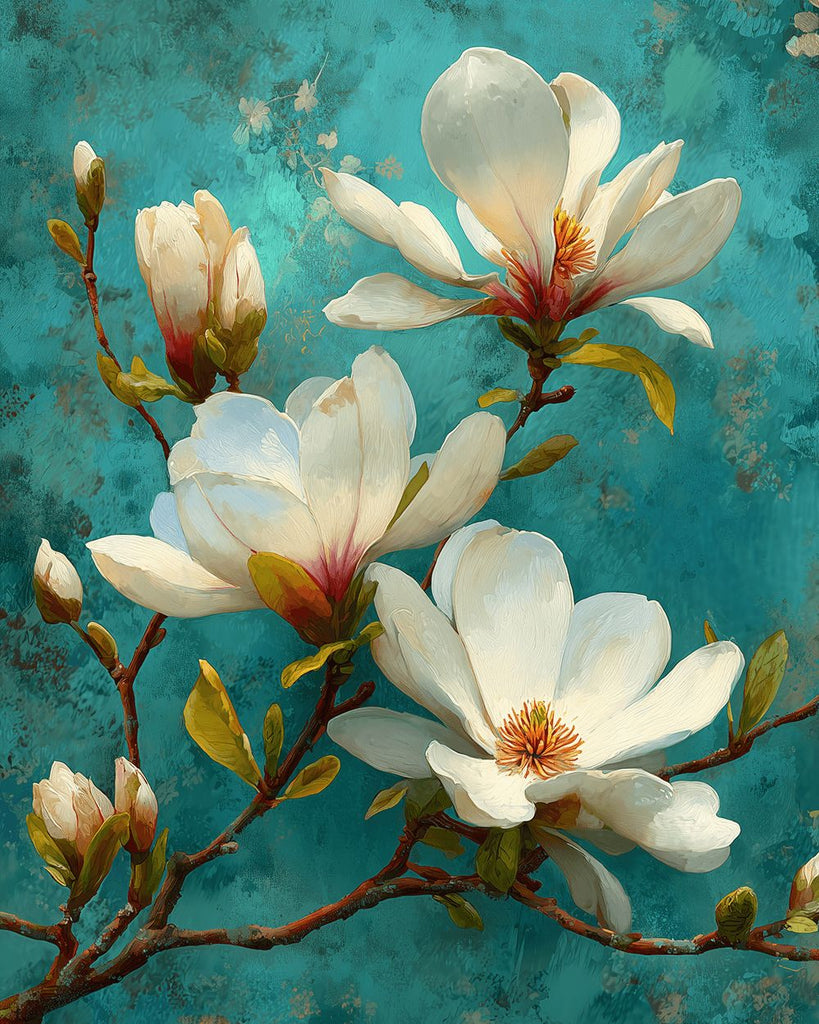 Witte Magnoliabloemen op Groene Achtergrond Schilderen op Nummers