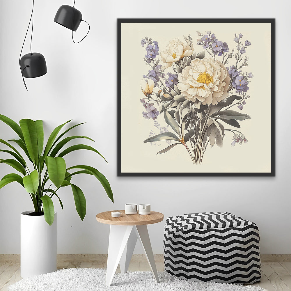 Witte Pioenroos en Paarse Bloemen Schilderen op Nummers
