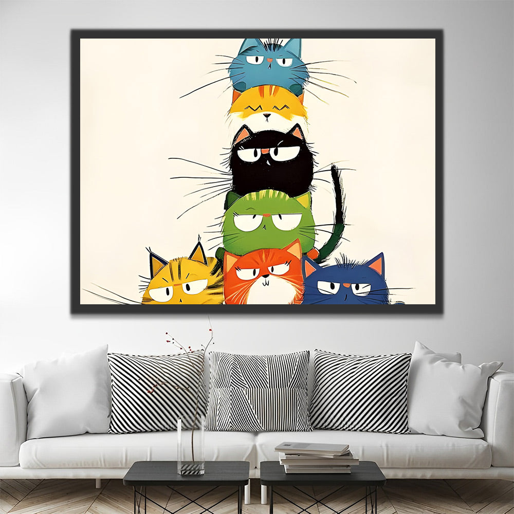 Zeven Verschillend Gekleurde Cartoonkatten Schilderen op Nummers