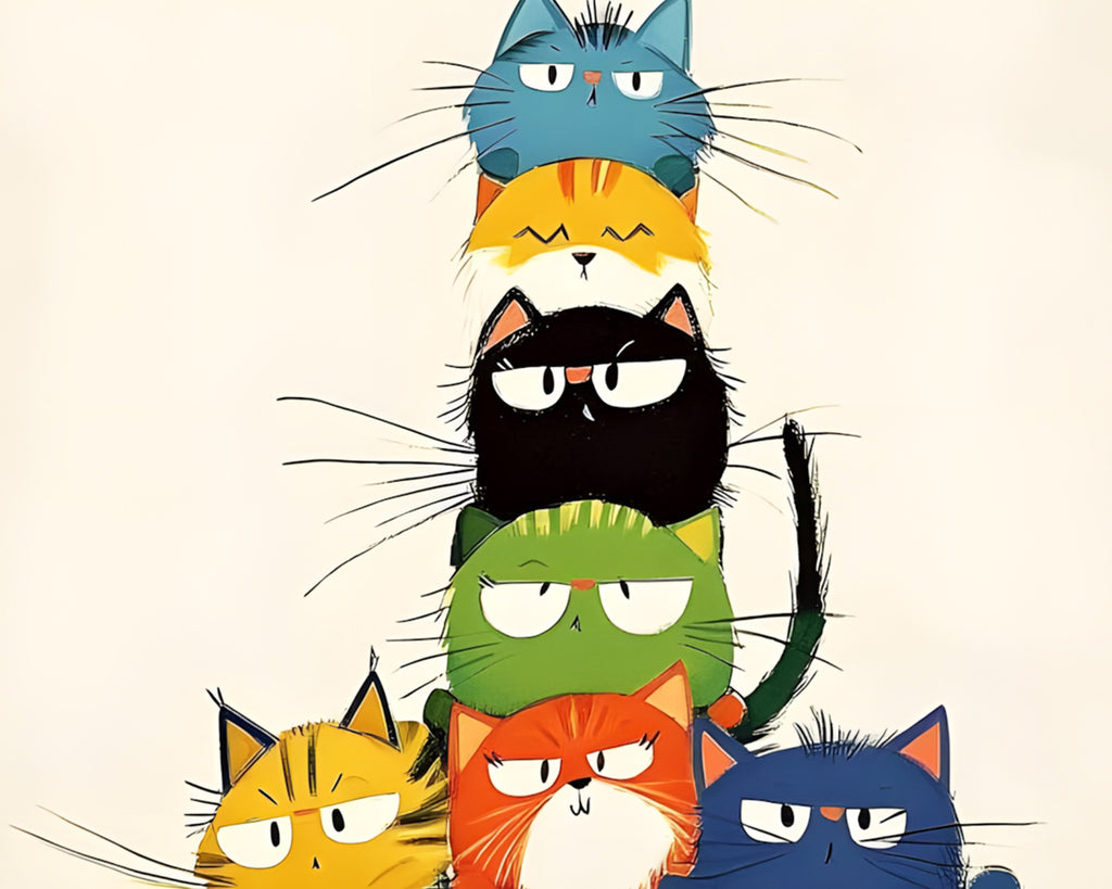 Zeven Verschillend Gekleurde Cartoonkatten Schilderen op Nummers