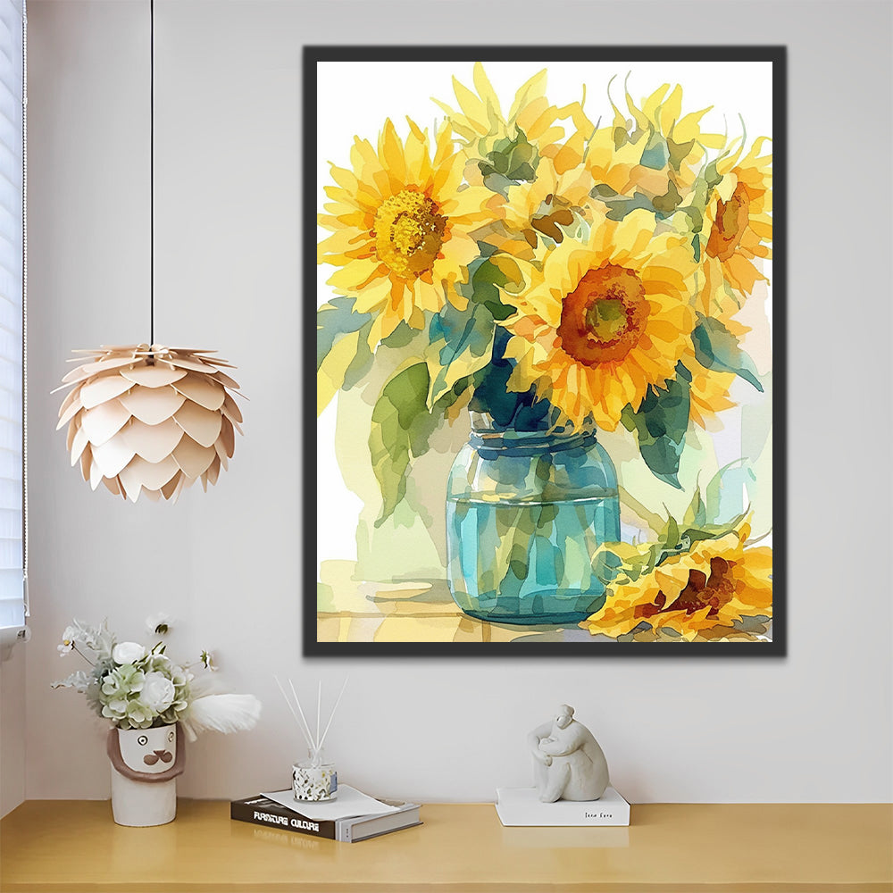 Zonnebloemen in een blauwe vaas Schilderen op Nummers