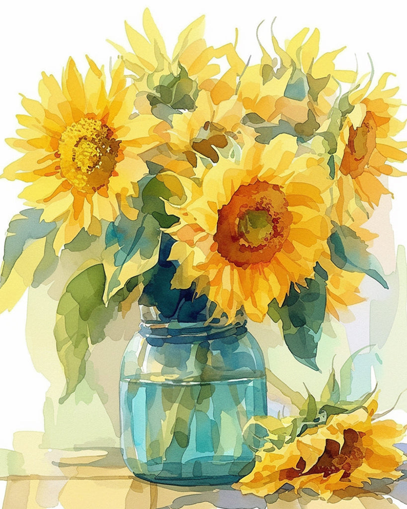 Zonnebloemen in een blauwe vaas Schilderen op Nummers