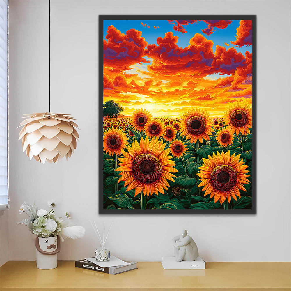Zonnebloemenveld onder Vurige Wolken Schilderen op Nummers