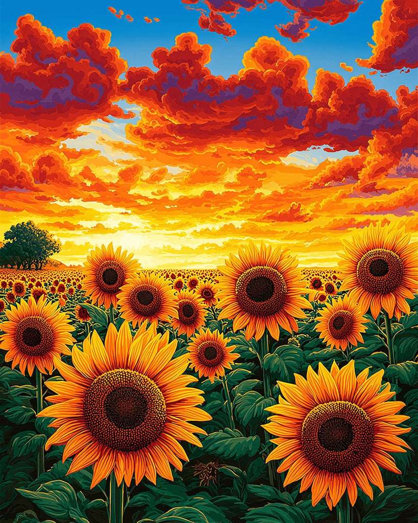 Zonnebloemenveld onder Vurige Wolken Schilderen op Nummers