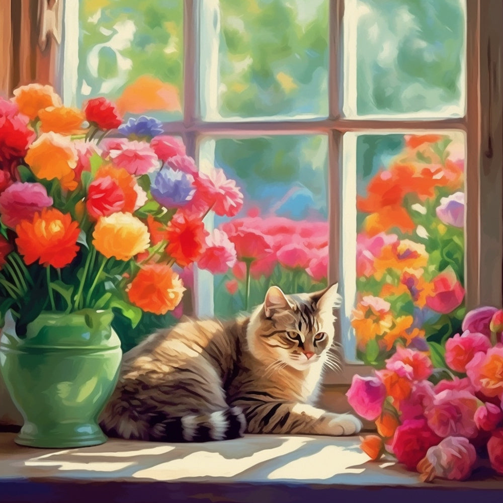Zonneschijn, Kat en Bloemen Schilderen op Nummers