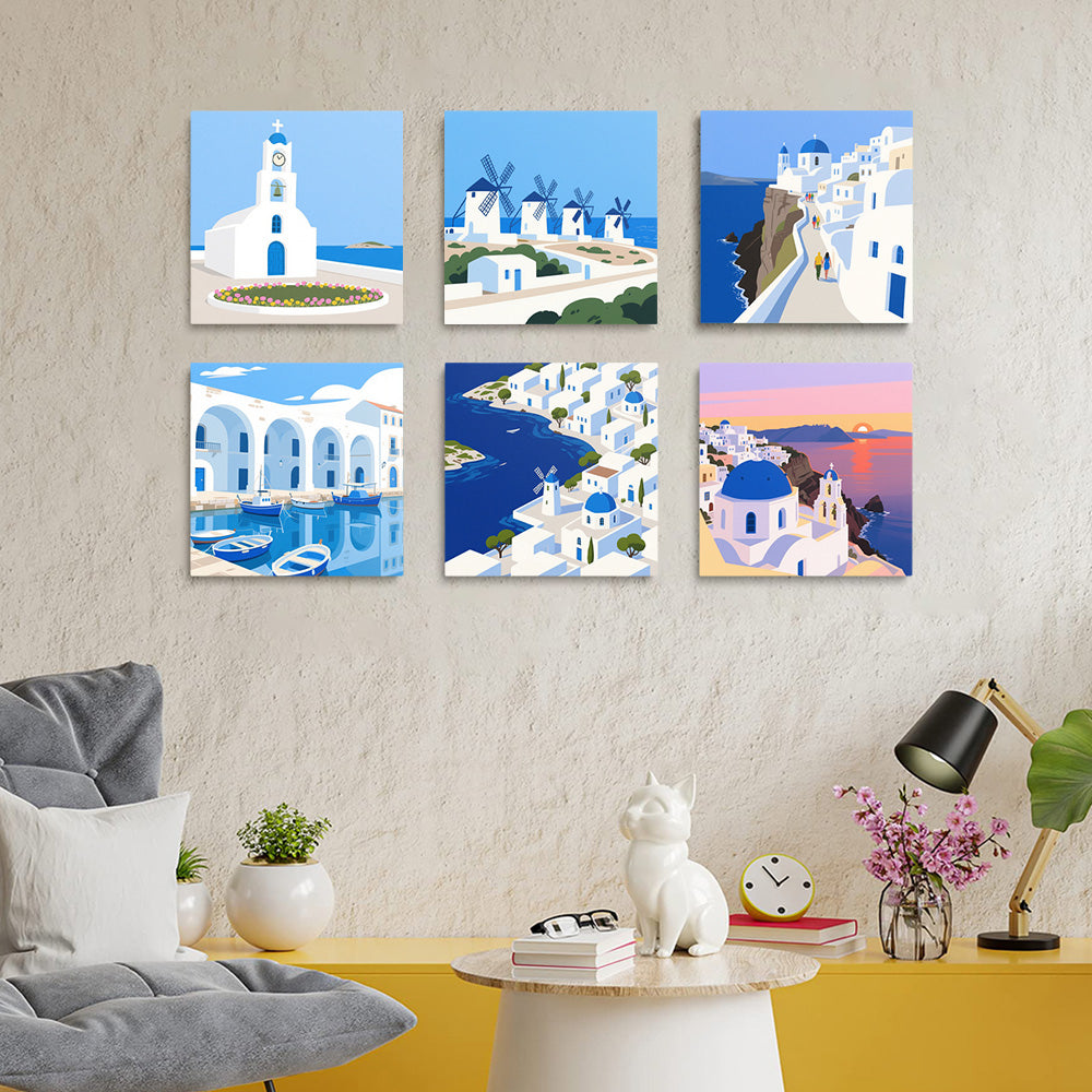 Zonnige Dag in Santorini 6 Stuks Mini Schilderen op Nummers