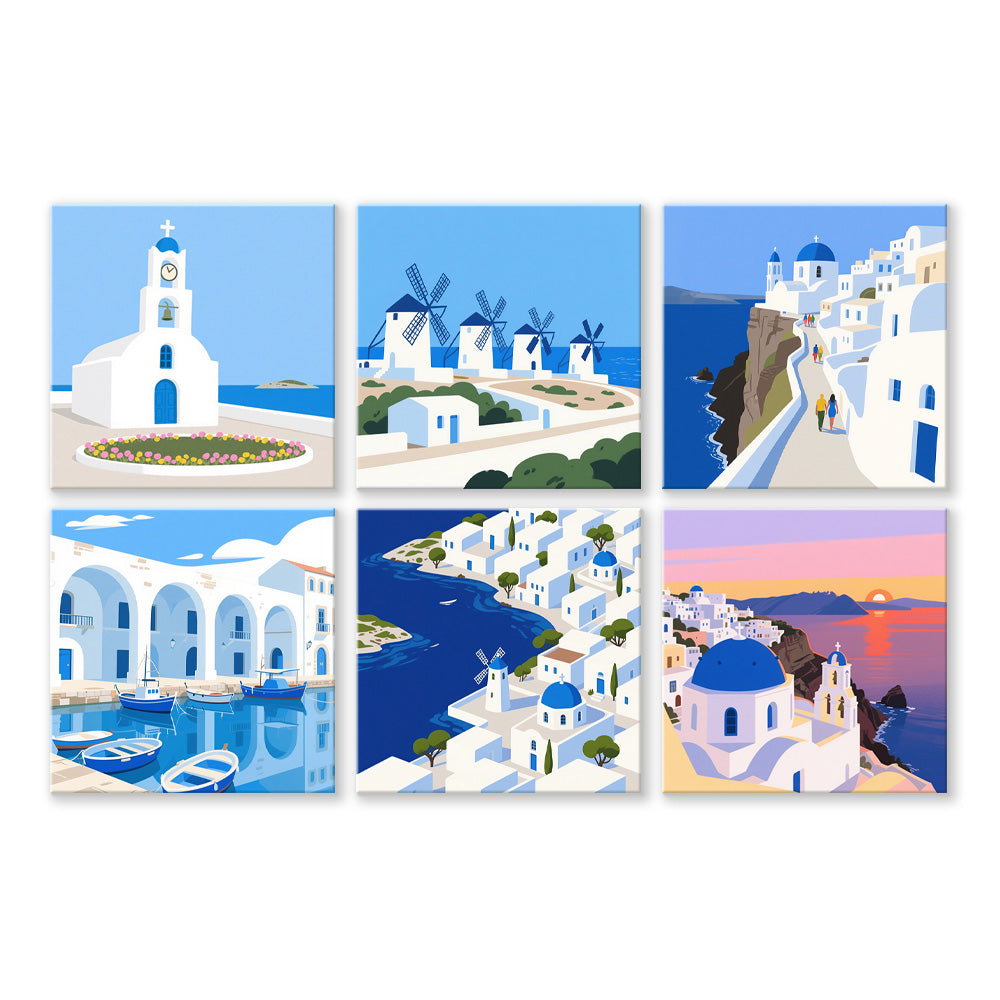 Zonnige Dag in Santorini 6 Stuks Mini Schilderen op Nummers