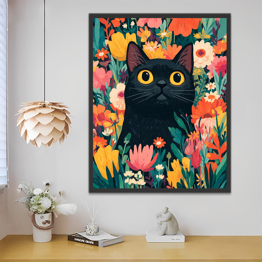 Zwarte Kat tussen de Bloemen Schilderen op Nummers