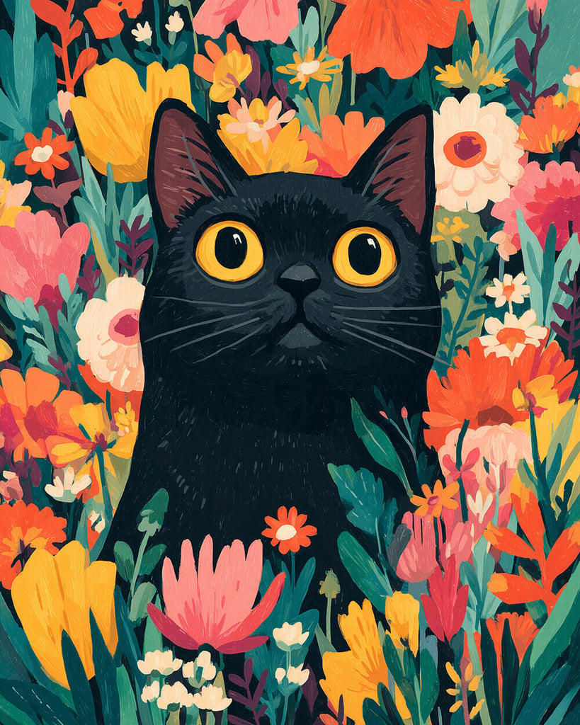Zwarte Kat tussen de Bloemen Schilderen op Nummers