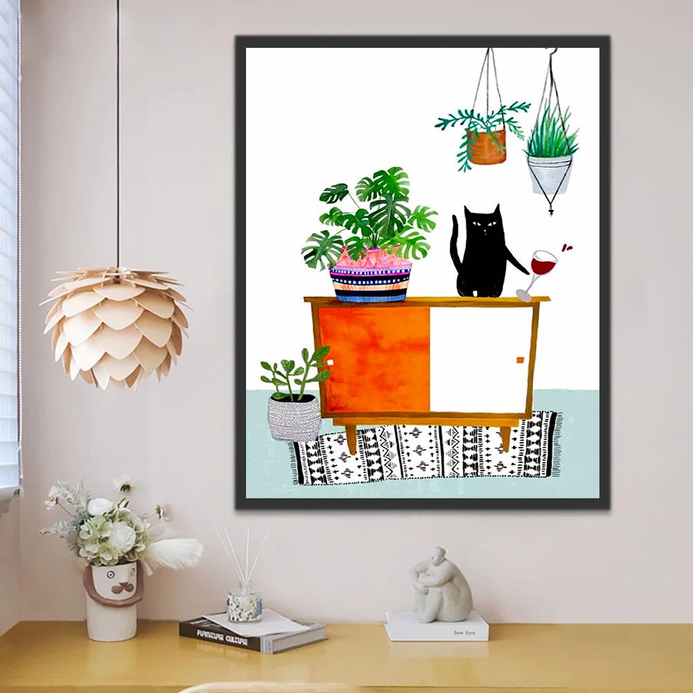 Zwarte Kat, Wijnglas, Planten Schilderen op Nummers
