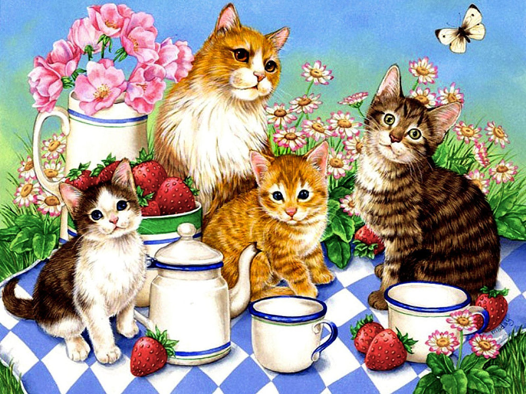 Aardbeien en Katten in de Bloemenweide Schilderen op Nummers