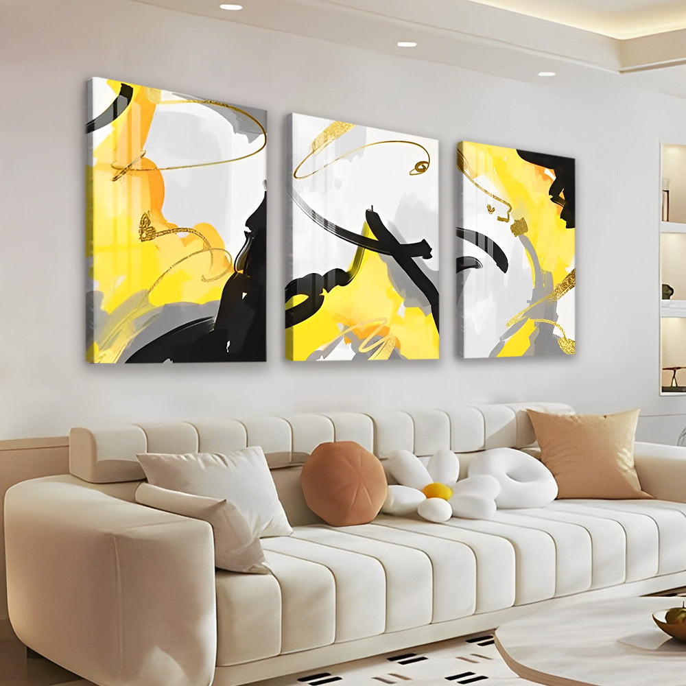 Abstract Schilderij in Geel en Zwart 3 Platen Schilderen op Nummers