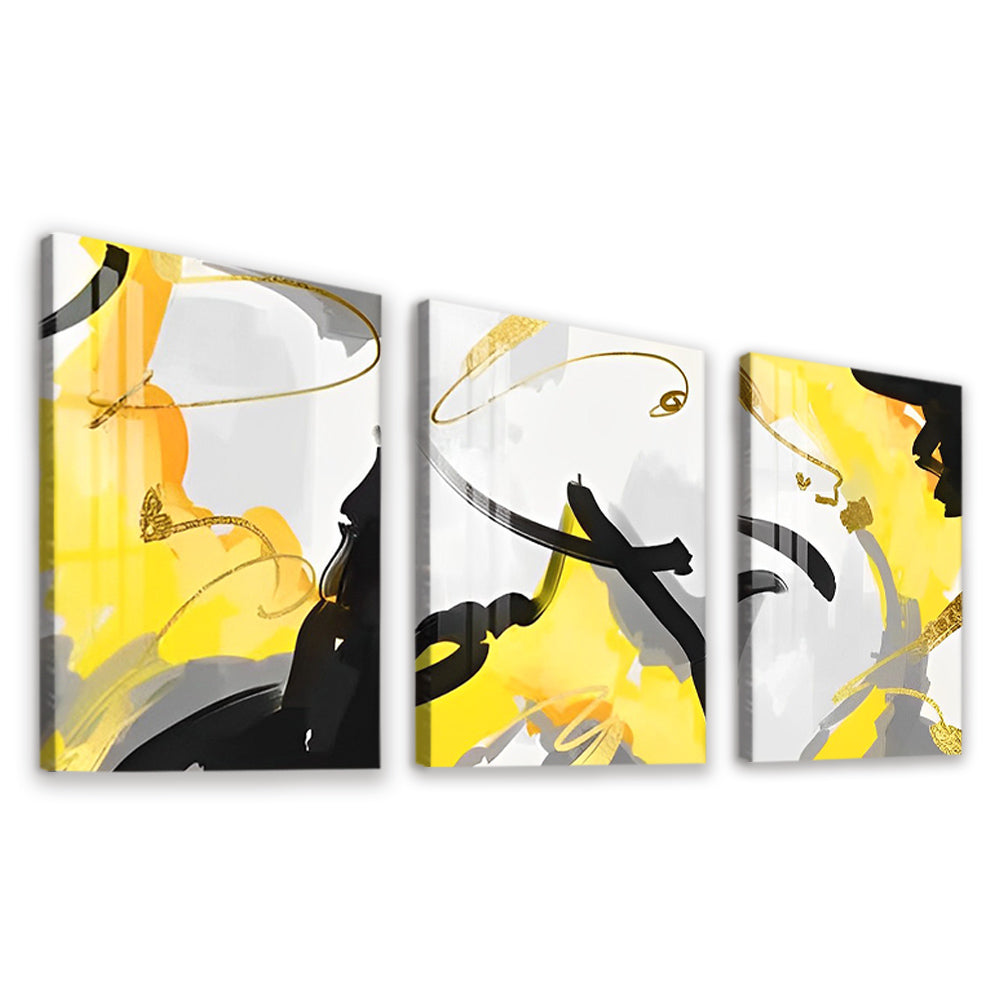 Abstract Schilderij in Geel en Zwart 3 Platen Schilderen op Nummers