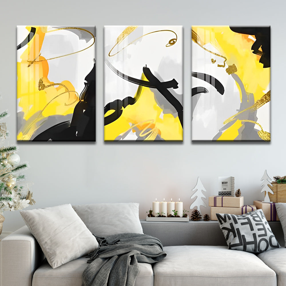 Abstract Schilderij in Geel en Zwart 3 Platen Schilderen op Nummers