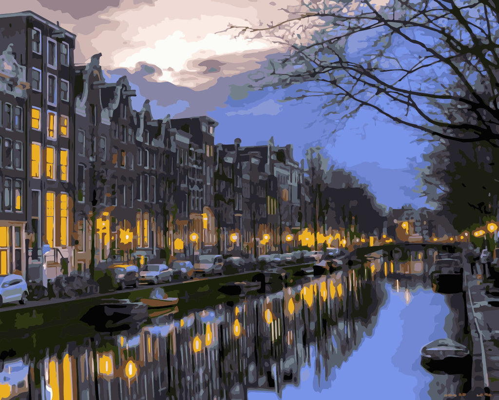 Amsterdamse Waterstraat in de Avondschemering Schilderen op Nummers
