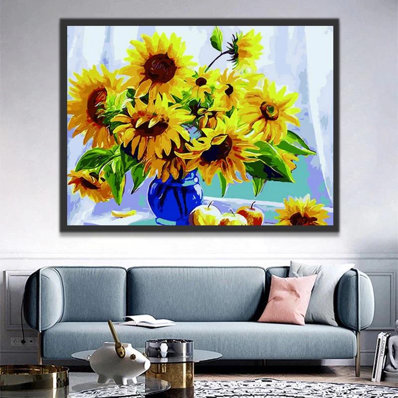 Appels en Zonnebloemen in een Blauwe Vaas Schilderen op Nummers