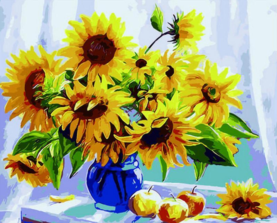 Appels en Zonnebloemen in een Blauwe Vaas Schilderen op Nummers