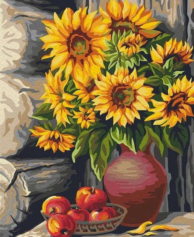 Appels en Zonnebloemen naast de Houten Palen Schilderen op Nummers