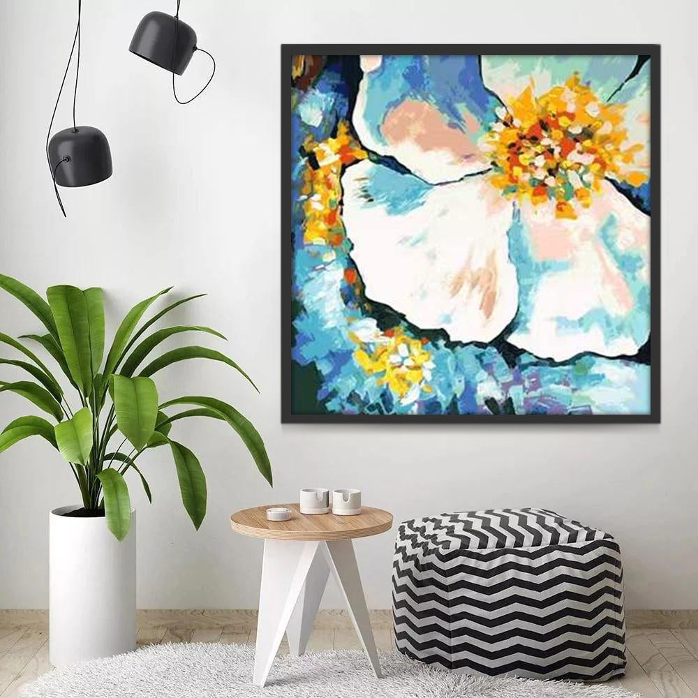 Aquarel Blauwe en Witte Bloemen met Gele Meeldraden Schilderen op Nummers