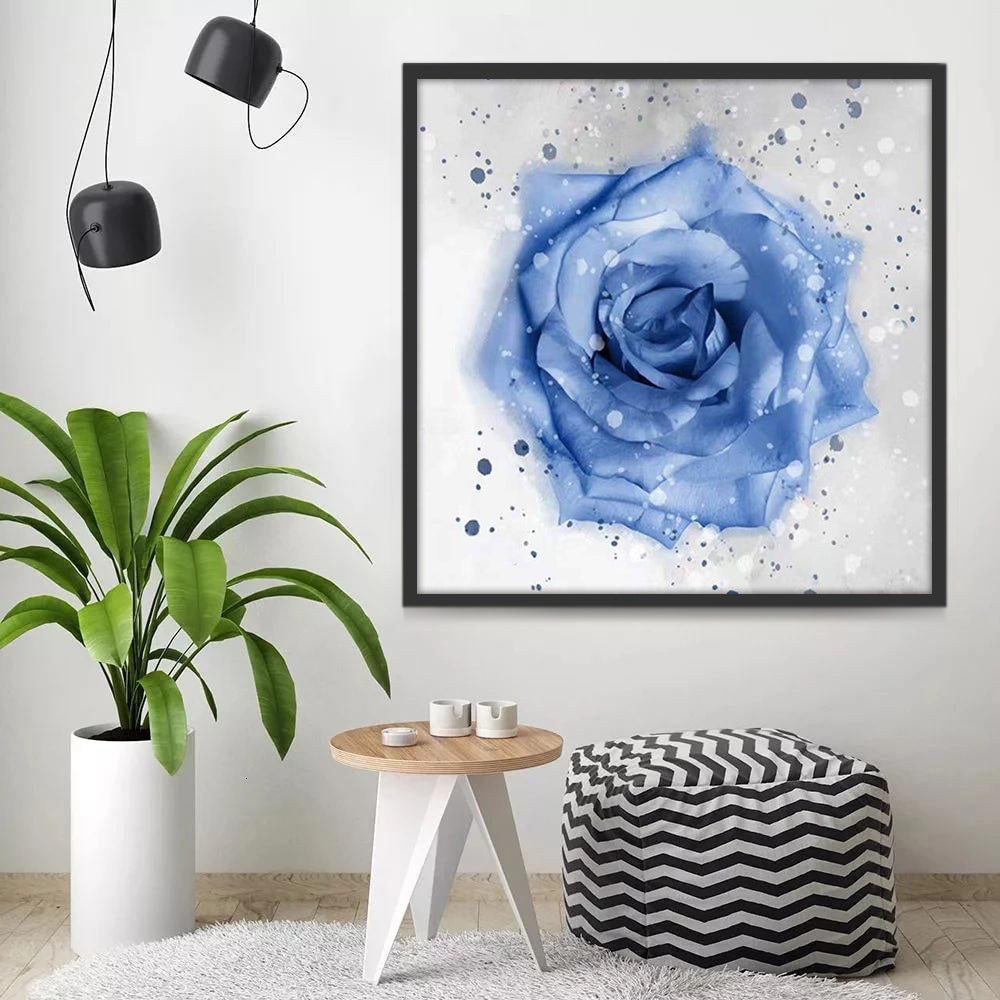 Aquarel Blauwe Roos met Druppels Schilderen op Nummers