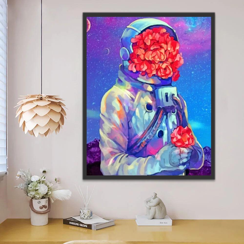 Astronaut met Rode Bloemen Schilderen op Nummers