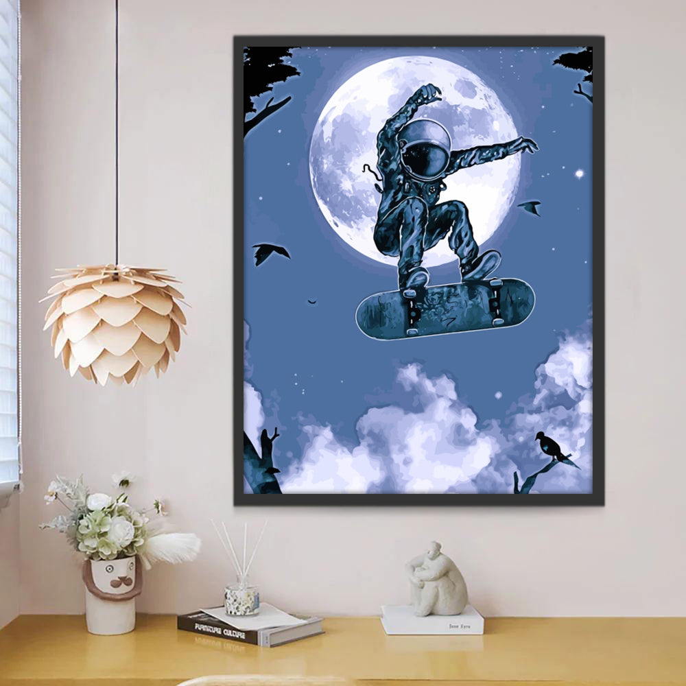 Astronaut Zweeft op Skateboard bij Volle Maan Schilderen op Nummers