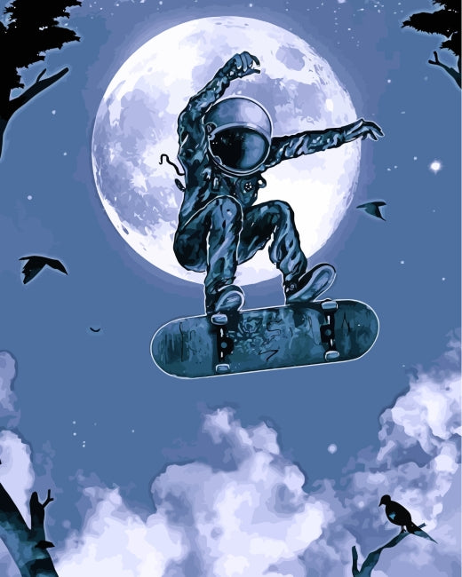 Astronaut Zweeft op Skateboard bij Volle Maan Schilderen op Nummers