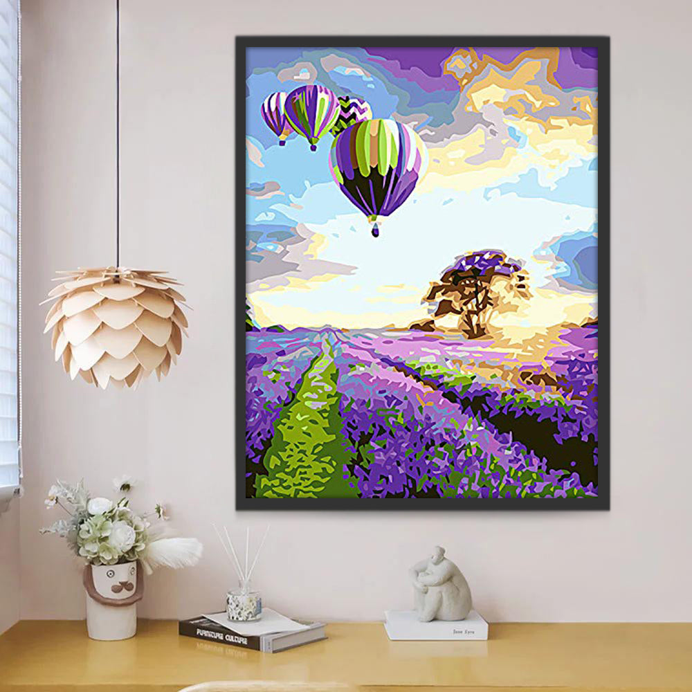 Beeldverhaal Paarse Heteluchtballonnen en Lavendel Bloemenveld Schilderen op Nummers