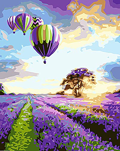 Beeldverhaal Paarse Heteluchtballonnen en Lavendel Bloemenveld Schilderen op Nummers