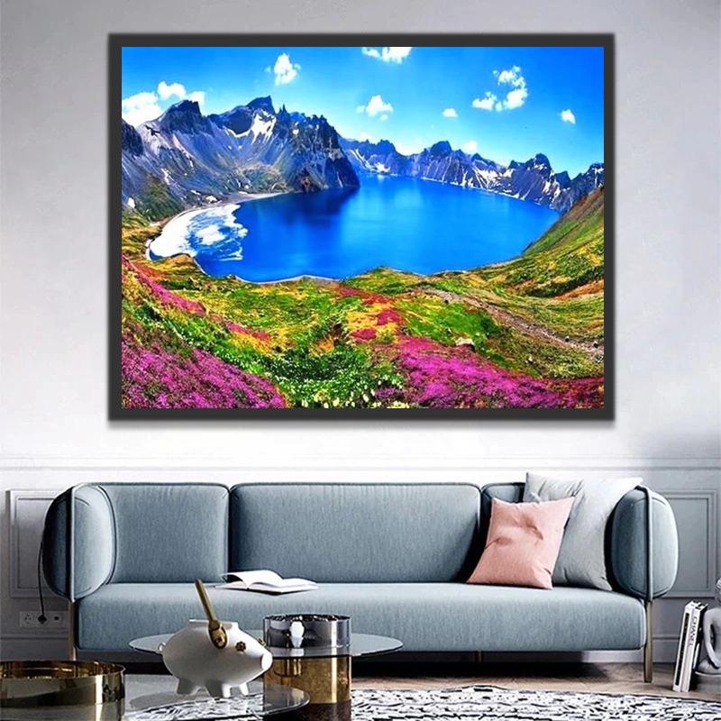 Bergmeer met Kleurrijke Bloemenvlakte Schilderen op Nummers