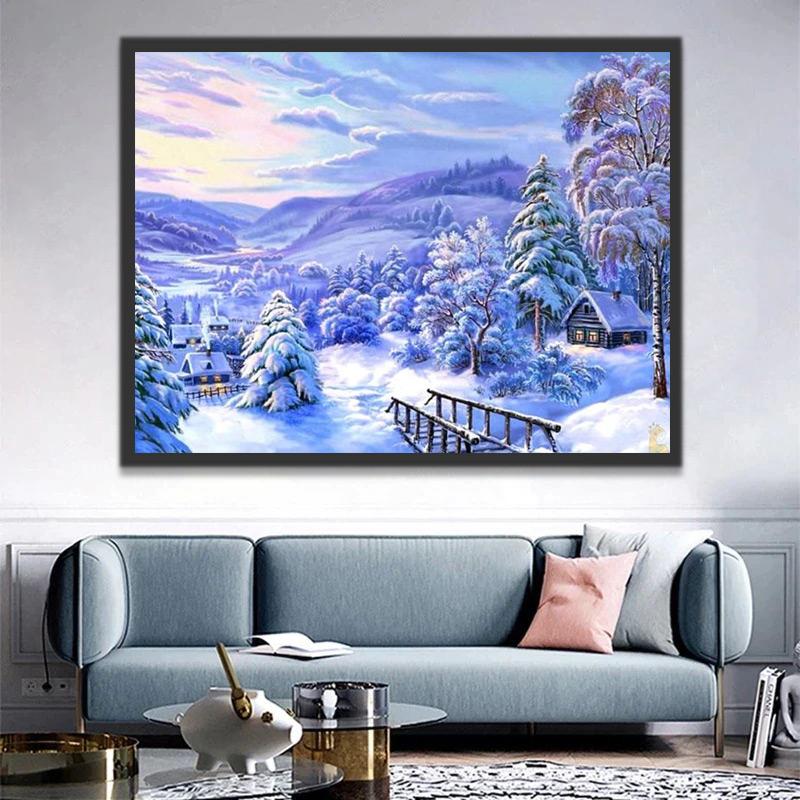 Besneeuwd Landschap met Blauwe en Violette Kleuren Schilderen op Nummers