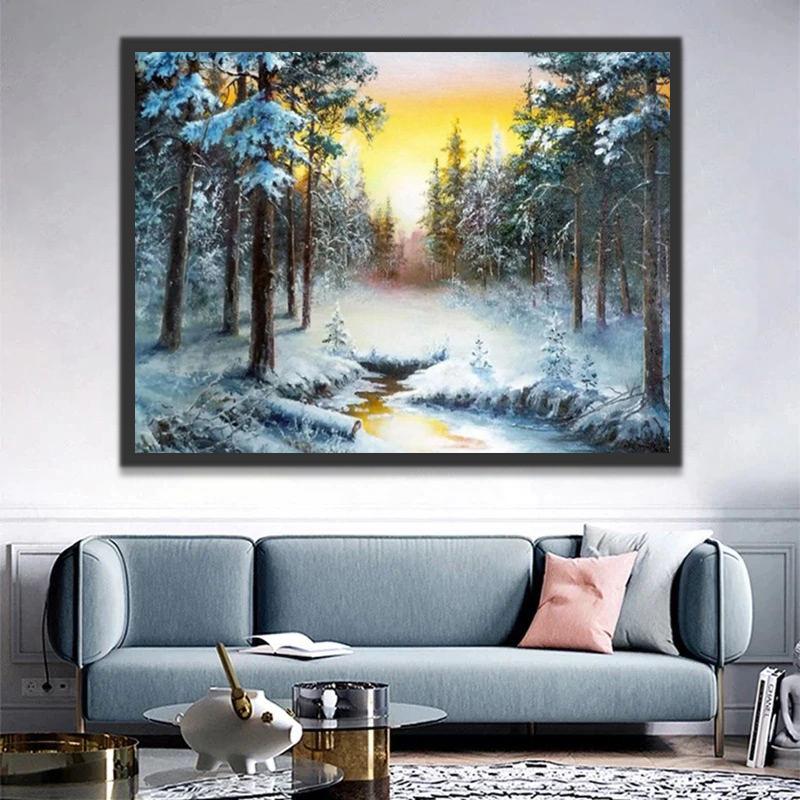 Besneeuwde Bossen en Rivier Schilderen op Nummers