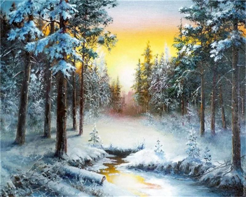 Besneeuwde Bossen en Rivier Schilderen op Nummers