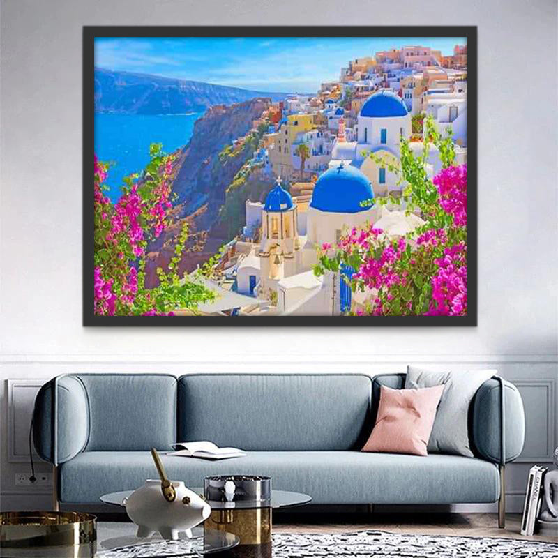 Betoverend wit en Blauw Kerkje met Uitzicht op de Egeïsche Zee Schilderen op Nummers