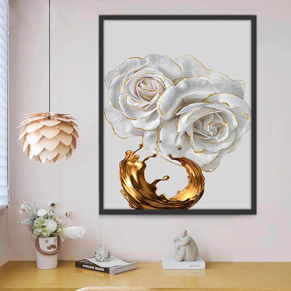 Bladgoud en Witte Bloemen met Goudversiering Schilderen op Nummers