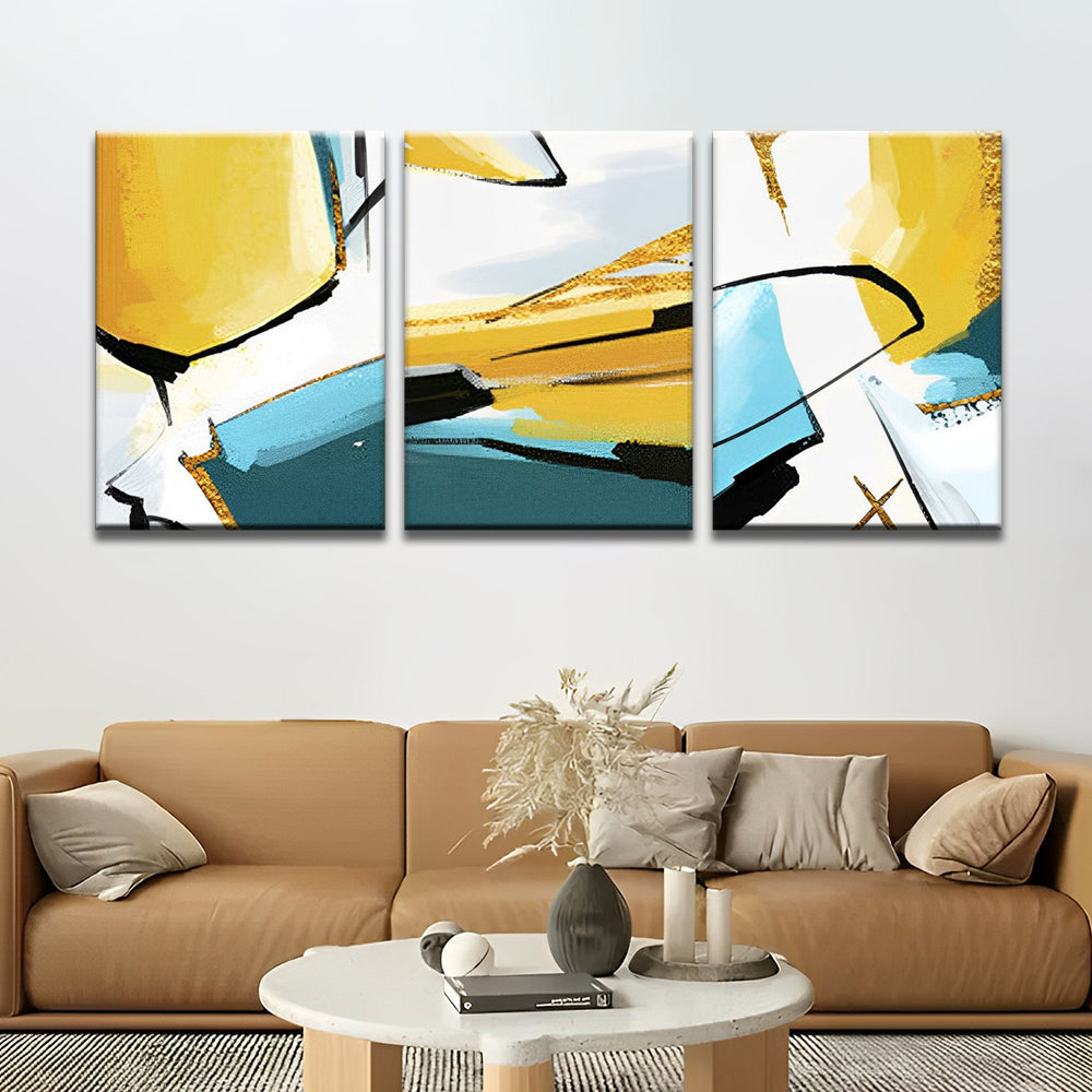 Blauw en Geel Abstract Schilderij 3 Platen Schilderen op Nummers