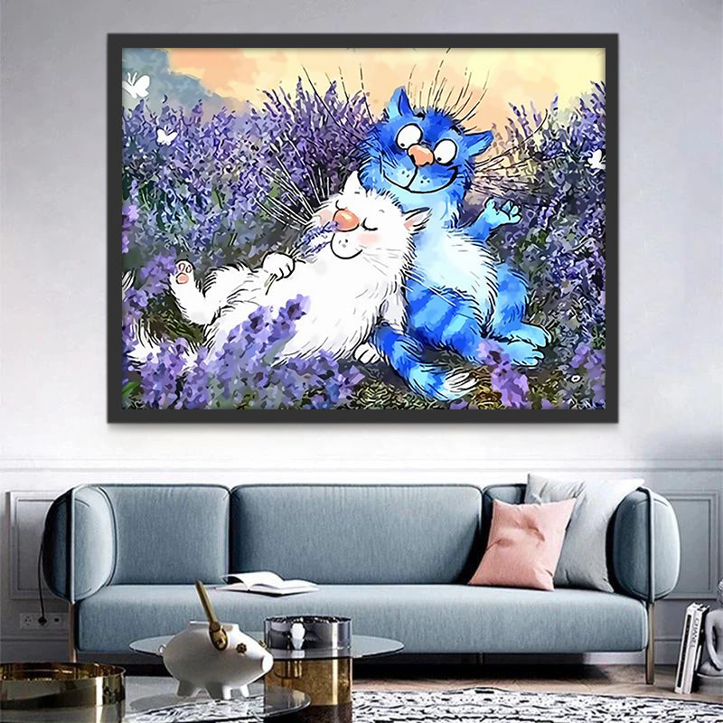 Blauw en Witte Katten in een Lavendelstruik Schilderen op Nummers