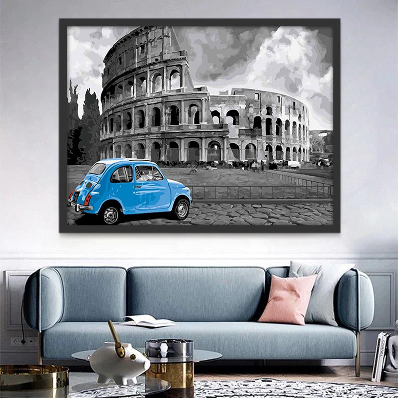 Blauwe Auto voor het Colosseum Schilderen op Nummers