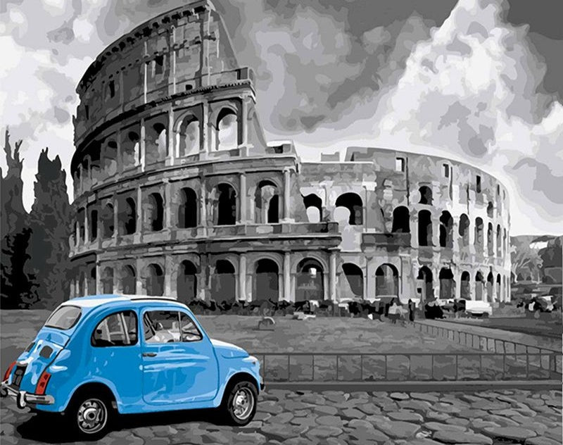 Blauwe Auto voor het Colosseum Schilderen op Nummers