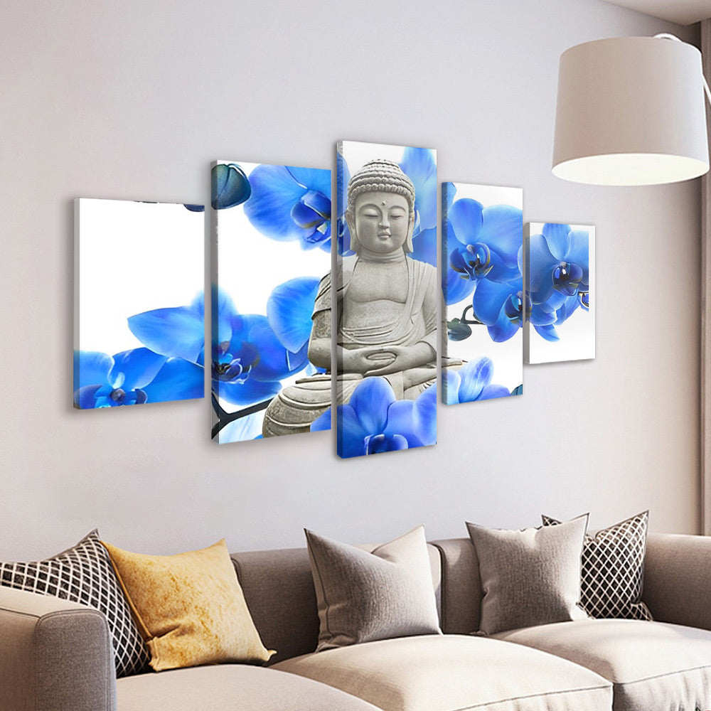Blauwe Bloemen en Dikke Boeddha 5 Platen Schilderen op Nummers